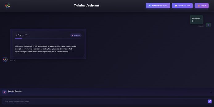 The learner-facing Training Assistant — progress tracking, AI coaching conversation, and practice exercise navigation in a single interface.