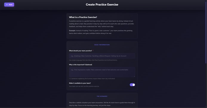 The Practice Exercise creation interface — trainers define what the team practises, why it matters, and the scenario the AI coach uses to guide the learning conversation.