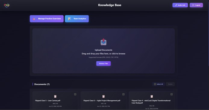 The iQMA Knowledge Base interface — trainers upload course materials (PDF, DOCX, PPTX) which become the grounding layer for the AI coach and all practice exercises.